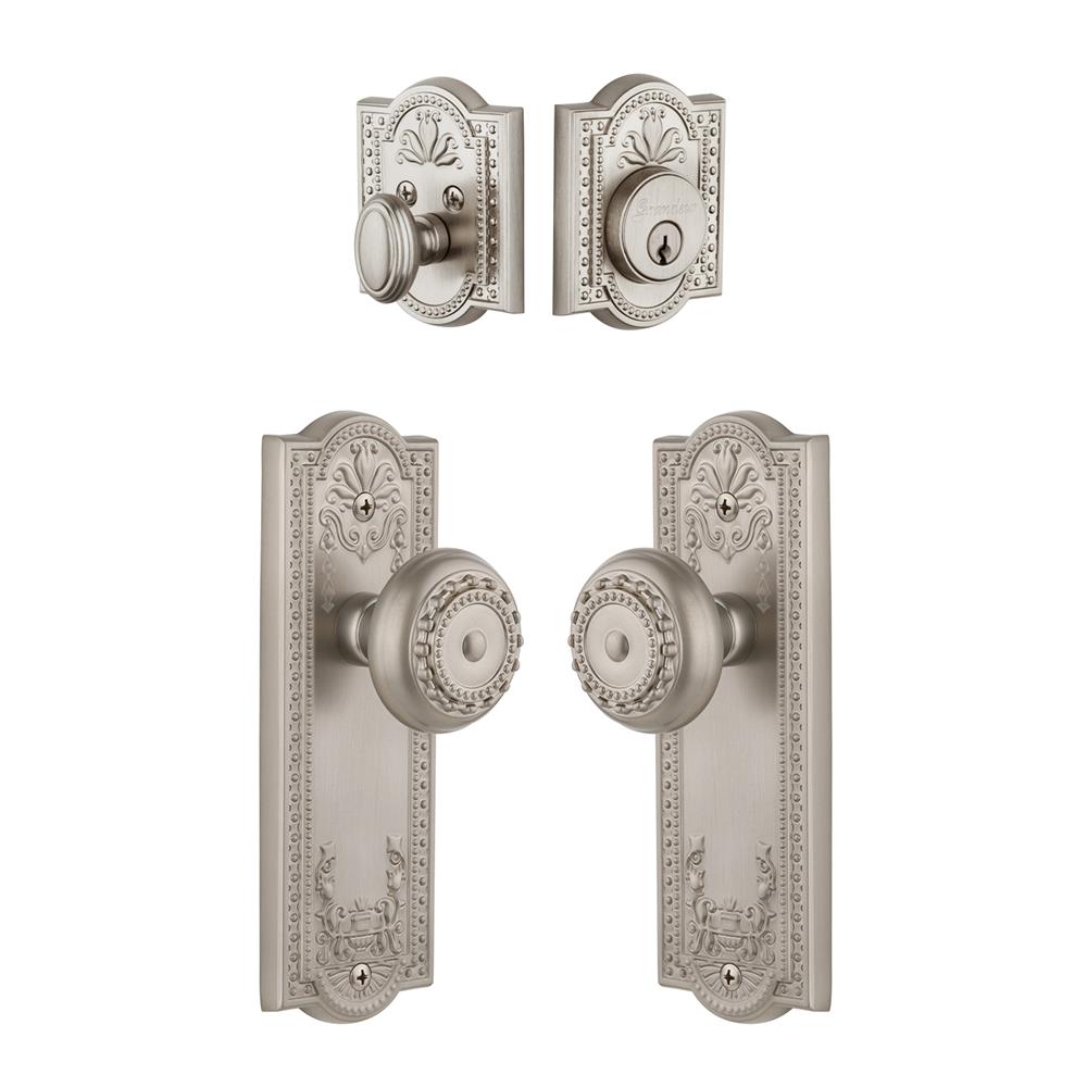 Grandeur by Nostalgic Warehouse Single Cylinder Combo Pack Keyed Differently - Parthenon Plate with Parthenon Knob and Matching Deadbolt in Satin Nickel